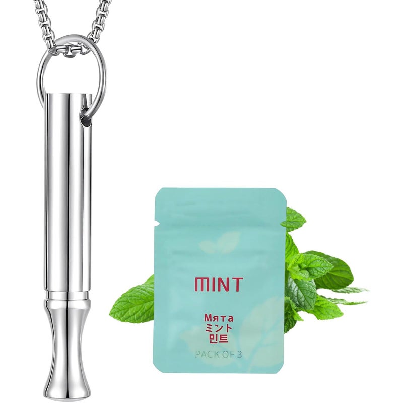 2 PCS Breathing Necklace with Resistance, Breathing Resistance Necklace with Filter, Includes Silver Chain and Mint Cotton Cores for Stress Management and Mindful Breathing